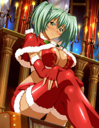 Rule 34 | 1girl, ahoge, alternate costume, aqua hair, black panties, blush, bow, bowtie, bra, breasts, capelet, cleavage, closed mouth, crossed legs, elbow gloves, fingerless gloves, fur-trimmed capelet, fur-trimmed gloves, fur-trimmed skirt, fur-trimmed thighhighs, fur trim, gloves, green bow, green bowtie, green eyes, hair between eyes, ikkitousen, indoors, large breasts, long hair, looking at viewer, miniskirt, panties, pantyshot, red bra, red capelet, red gloves, red skirt, red thighhighs, ryofu housen, santa costume, shiny clothes, shiny legwear, sitting, skirt, smile, solo, sparkle, thighhighs, twintails, underwear