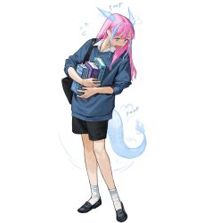 Rule 34 | 1girl, @ @, black shorts, blue hair, blue sweater, book, dragon girl, dragon horns, dragon tail, highres, holding, holding book, horns, long hair, multicolored hair, open mouth, original, pink hair, rinotuna, shoes, shorts, socks, solo, sweater, tail