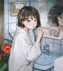 Rule 34 | 1girl, blush, brown eyes, brown hair, brushing teeth, closed mouth, expressionless, flower, highres, holding, holding toothbrush, indoors, long sleeves, looking at viewer, mirror, original, plant, red flower, shirt, short hair, sink, solo, standing, sweater, toothbrush, toothbrush in mouth, utsuwa0120, white shirt, white sweater