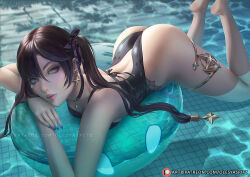 Rule 34 | 1girl, ass, black hair, breasts, commentary, earrings, english commentary, genshin impact, grey eyes, innertube, jewelry, lips, long hair, looking at viewer, lying, medium breasts, mona (genshin impact), olesyaspitz, on stomach, one-piece swimsuit, pool, solo, sparkle print, star (symbol), star earrings, swim ring, swimsuit, thighlet, twintails, water