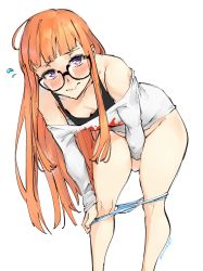 Rule 34 | 10s, 1girl, ahoge, bent over, black-framed eyewear, blue panties, blunt bangs, blush, camisole, covering crotch, covering privates, downblouse, embarrassed, feet out of frame, flying sweatdrops, glasses, highres, kenshin187, long hair, long sleeves, off shoulder, orange hair, panties, panty pull, persona, persona 5, purple eyes, round eyewear, sakura futaba, semi-rimless eyewear, shirt, signature, simple background, solo, striped clothes, striped panties, under-rim eyewear, underwear, undressing, white background, white shirt