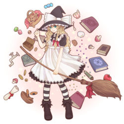 Rule 34 | 1girl, alternate costume, apple, aqua eyes, bad id, bad pixiv id, basket, blonde hair, book, bow, braid, broom, candy, coin, cookie, cup, faucet, female focus, food, fruit, hair bow, hat, hat bow, hat tip, kirisame marisa, long hair, mushroom, pantyhose, poonosuke, scroll, single braid, solo, striped clothes, striped pantyhose, touhou, witch, witch hat