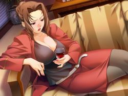 Rule 34 | 1girl, alcohol, alea, asao sara, belt, breasts, brown hair, cleavage, couch, drunk, dutch angle, from above, game cg, hair up, ino (magloid), large breasts, legs, crossed legs, lipstick, makeup, mature female, nail polish, pantyhose, pencil skirt, pink nails, red eyes, sitting, skirt, solo, thighhighs, wine