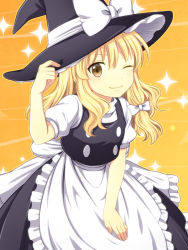 Rule 34 | 1girl, apron, blonde hair, bow, braid, hair bow, hand on headwear, hand on own thigh, hat, hat ribbon, irino, kirisame marisa, leaning forward, light trail, long hair, looking at viewer, one eye closed, orange background, puffy short sleeves, puffy sleeves, ribbon, short sleeves, single braid, skirt, skirt set, smile, solo, sparkle, touhou, waist apron, wink, witch hat, yellow eyes