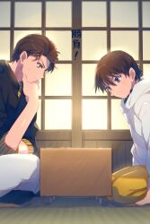 Rule 34 | 2boys, aged down, akai shuuichi, black shirt, black socks, blue eyes, board game, brothers, brown hair, closed mouth, commentary, cushion, echo (circa), from side, frown, go (board game), green eyes, hand on own chin, hand up, haneda shuukichi, hood, hood down, hoodie, indian style, indoors, long sleeves, male focus, meitantei conan, multiple boys, on ground, pants, playing games, profile, seiza, shirt, short hair, siblings, sitting, sliding doors, smile, socks, stroking own chin, sweatdrop, tatami, thinking, white hoodie, white pants, yellow pants, zabuton