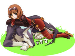 Rule 34 | 00s, 1girl, asymmetrical clothes, asymmetrical footwear, bad id, bad pixiv id, brown hair, dog, gloves, goggles, green eyes, hirahira21, lowres, mismatched footwear, repede (tales), rita mordio, short hair, sleeping, smile, tales of (series), tales of vesperia, thighhighs