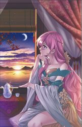 Rule 34 | 1girl, cloud, cover, cover page, cup, douluo dalu, dusk, from side, highres, long hair, looking outside, mole, mole under eye, moon, mountain, mu fengchun, night, night sky, official art, pink hair, scan, sitting, sky, solo, sunset, teacup, teapot, third-party source, upper body, windowsill