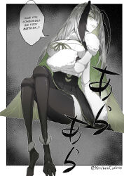 Rule 34 | 1girl, absurdres, antennae, ara ara, arthropod girl, artist name, barefoot, black sclera, black skirt, blush, border, breasts, cleavage, colored sclera, colored skin, commentary, crossed arms, crossed legs, english commentary, english text, extra arms, feet, green eyes, green hair, green ribbon, grey fur, grin, hair over one eye, half-closed eye, highres, indie virtual youtuber, insect girl, insect wings, juniper actias, kitchencatsoup, large breasts, long hair, looking at viewer, meme, monster girl, moth girl, moth wings, multicolored hair, pleated skirt, pun, ribbon, simple background, sitting, skirt, smile, solo, streaked hair, sweater, twitter username, virtual youtuber, white border, white fur, white hair, white skin, white sweater, wings
