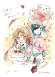 Rule 34 | 10s, 2017, 3girls, :d, ahoge, arms up, birthday cake, blush, brown eyes, brown hair, cake, candle, closed mouth, crying, crying with eyes open, dated, dessert, eyepatch, closed eyes, fang, food, grabbing another&#039;s hair, green hair, hair between eyes, heart, highres, huge ahoge, kantai collection, kiso (kancolle), kuma (kancolle), long hair, mito (go!go!king!), multiple girls, neckerchief, open mouth, pink hair, plate, purple hair, red ribbon, ribbon, sailor collar, school uniform, serafuku, shirt, short hair, short sleeves, smile, stuffed animal, stuffed toy, tama (kancolle), tears, translation request, twitter username, upper body