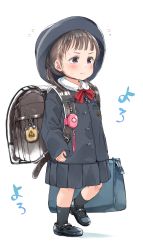 Rule 34 | &gt;:(, 1girl, backpack, bag, black footwear, black hair, black hat, black jacket, black skirt, black socks, blouse, blush, bow, closed mouth, collared shirt, crime prevention buzzer, flying sweatdrops, gomennasai, hat, highres, jacket, light frown, long sleeves, looking away, original, pleated skirt, randoseru, red bow, red eyes, school hat, shadow, shirt, shoes, skirt, sleeves past wrists, smile, socks, solo, v-shaped eyebrows, walking, white background, white shirt