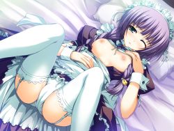 Rule 34 | 1girl, akatsuki no goei, bed, blush, braid, breasts, cameltoe, cat hair ornament, clothes lift, garter straps, green eyes, hair ornament, hair ribbon, highres, hime cut, lace, lace-trimmed legwear, lace trim, large breasts, lying, maid, maid headdress, nipples, on back, one eye closed, panties, pillow, purple hair, ribbon, shirt lift, solo, thighhighs, tomose shunsaku, tsuki, tsuki (akatsuki no goei), twin braids, underwear, white panties, white thighhighs, wink, wrist cuffs