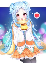 Rule 34 | 1girl, absurdres, bad id, bad pixiv id, black pantyhose, blue hair, blush, commentary request, dress, food, frills, heart, highres, lebring, long hair, looking at viewer, miyako (princess connect!), orange dress, pantyhose, parted bangs, pink eyes, princess connect!, pudding, sleeves past fingers, sleeves past wrists, solo, teeth, upper teeth only, white dress