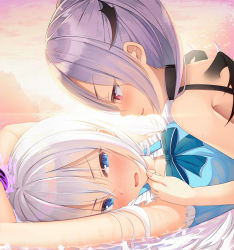 Rule 34 | 2girls, :d, arms up, bed sheet, blue eyes, blue ribbon, blush, highres, looking at another, lying, multiple girls, neck ribbon, on back, open mouth, original, purple hair, red eyes, restrained, ribbon, shinigami (tukiyomiikuto), short hair, silver hair, smile, upper body, wavy mouth, yuri
