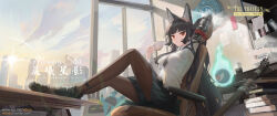 1girl animal_ears arm_behind_head artist_logo artist_name asaba_harumasa_bangboo black_hair black_necktie black_pantyhose black_skirt book book_stack breasts bright_pupils closed_mouth collared_shirt commentary cup dated fox_ears fox_girl highres holding holding_cup hoshimi_miyabi indoors katana large_breasts logo long_hair looking_at_viewer necktie no_jacket on_chair pantyhose prosthesis prosthetic_arm red_eyes scabbard sheath sheathed shirt sitting skirt solo_focus soukaku_bangboo sword symbol-only_commentary teacup title very_long_hair wboss weapon white_pupils white_shirt zenless_zone_zero