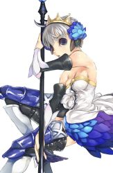 Rule 34 | 1girl, armor, armored dress, bare shoulders, blue eyes, boots, breasts, cleavage, crown, detached sleeves, dress, elbow gloves, gloves, grey hair, gwendolyn (odin sphere), hair ornament, leg wings, low wings, medium breasts, mikage sekizai, multicolored wings, odin sphere, polearm, short hair, simple background, solo, spear, strapless, strapless dress, thigh boots, thighhighs, weapon, wings