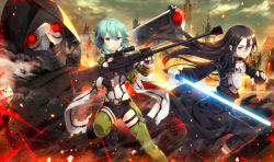 Rule 34 | 1girl, 2boys, ankle boots, anti-materiel rifle, aqua eyes, aqua hair, armor, black choker, black footwear, black gloves, black hair, black jacket, black pants, black shorts, blush, bolt action, boots, breastplate, choker, cityscape, cloak, cloud, cloudy sky, cropped jacket, energy sword, fingerless gloves, gabiran, gloves, green jacket, green thighhighs, gun, hair ornament, hairclip, holding, holding gun, holding sword, holding weapon, hood, hooded cloak, jacket, kirito, leg up, leotard, long hair, long sleeves, looking at viewer, mask, multiple boys, open clothes, open jacket, p1, pants, parted lips, pgm hecate ii, purple eyes, red eyes, rifle, short hair with long locks, shorts, sidelocks, sinon, sky, smoke, sniper rifle, standing, standing on one leg, sword, sword art online, thighhighs, v-shaped eyebrows, very long hair, weapon, white leotard