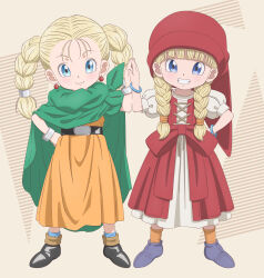 Rule 34 | 2girls, bianca (dq5), blonde hair, blue eyes, bracelet, braid, cape, child, dragon quest, dress, earrings, gensei00, green cape, grin, hat, highres, holding hands, in-franchise crossover, jewelry, layered dress, looking at viewer, multiple girls, orange robe, puffy short sleeves, puffy sleeves, red dress, red hat, robe, short sleeves, smile, standing, twin braids, veronica (dq11)