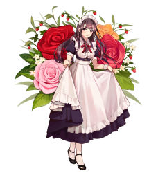 Rule 34 | 1girl, apron, bad id, bad pixiv id, black dress, black footwear, bow, breasts, brown eyes, brown hair, center frills, collared shirt, commentary request, dress, fingernails, flower, food, frills, fruit, full body, highres, long hair, looking at viewer, maid, maid headdress, medium breasts, orange flower, orange rose, original, pantyhose, parted lips, pierorabu, pink flower, pink rose, puffy short sleeves, puffy sleeves, red bow, red flower, red rose, rose, shirt, shoes, short sleeves, simple background, smile, solo, standing, strawberry, very long hair, waist apron, white apron, white background, white flower, white pantyhose, wrist cuffs