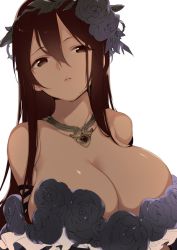 Rule 34 | 10s, 1girl, arm ribbon, bare shoulders, black dress, black flower, black ribbon, black rose, breasts, brown eyes, brown hair, cleavage, collarbone, commentary, dress, flower, frilled dress, frills, fuji-yama, gem, granblue fantasy, hair between eyes, hair flower, hair ornament, jewelry, large breasts, long hair, looking at viewer, necklace, parted lips, ribbon, rose, rosetta (granblue fantasy), simple background, sleeveless, sleeveless dress, solo, upper body, white background, wreath