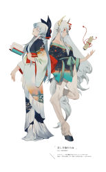 Rule 34 | 2girls, alternate costume, alternate hairstyle, back-to-back, blue hair, book, dual persona, ex-keine, closed eyes, full body, green hair, hair ribbon, hairy legs, hand on own stomach, hooves, horn ornament, horn ribbon, horns, japanese clothes, kamishirasawa keine, kimono, long hair, long sleeves, looking at viewer, monster girl, multiple girls, nail polish, no headwear, no headwear, obi, off shoulder, open book, open mouth, profile, red eyes, rei (sanbonzakura), ribbon, sash, scroll, short kimono, simple background, tail, text focus, touhou, very long hair, white background, white nails, wide sleeves