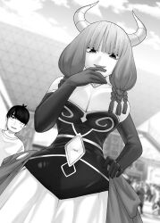 Rule 34 | 1boy, 1girl, absurdres, aura (sousou no frieren), aura (sousou no frieren) (cosplay), bare shoulders, braid, breasts, bursting breasts, cleavage, clothing cutout, cosplay, demon girl, demon horns, detached collar, dress, elbow gloves, from below, gloves, go-toubun no hanayome, greyscale, hair between eyes, hand on own hip, hand to own mouth, highres, horns, huge breasts, jewelry, kosmos beta, large breasts, long hair, looking at viewer, monochrome, multiple braids, nakano nino, navel, navel cutout, necklace, open mouth, outdoors, simple background, skirt, smile, smug, sousou no frieren, taketatsu ayana, tokyo big sight, twin braids, uesugi fuutarou, voice actor connection, waist cape