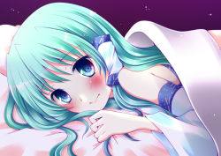 Rule 34 | 1girl, absurdres, afterglow, bare shoulders, bed, blanket, blush, female focus, grabbing, green eyes, green hair, highres, kochiya sanae, looking at viewer, lying, matching hair/eyes, meiya neon, on bed, pov across bed, smile, solo, touhou, under covers