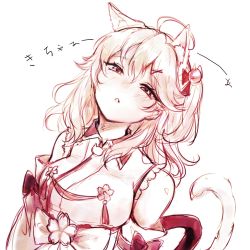 Rule 34 | 1girl, ahoge, animal ear fluff, animal ears, bare shoulders, detached sleeves, frills, hair ornament, hair over shoulder, hairclip, highres, hololive, kyogoku-uru, looking at viewer, sakura miko, sakura miko (1st costume), solo, tail, triangle mouth, virtual youtuber, white background, x hair ornament