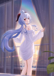 Rule 34 | 1girl, absurdres, ahoge, balcony, bare shoulders, blue hair, blush, breasts, curtains, dusk, from behind, ganyu (genshin impact), genshin impact, highres, holy guagua, horns, indoors, long hair, looking at viewer, looking back, low ponytail, medium breasts, off shoulder, purple eyes, shirt, sidelocks, smile, solo, standing, white shirt, white sleeves