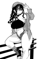 Rule 34 | 1girl, ass, bare shoulders, breasts, erotic x anabolic, glasses, guard rail, hat, highres, huge ass, inui achu, large breasts, long hair, mitsukura itsuha, monochrome, original, shoes, short shorts, shorts, solo, thick thighs, thighs, wide hips