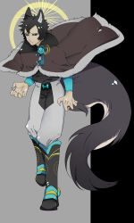 Rule 34 | 1boy, animal ears, black hair, black sclera, blue eyes, boots, colored sclera, dog ears, dog tail, fang, fur trim, grey background, highres, juuni taisen, male focus, poncho, solo, tail, tsukui michio