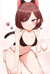 Rule 34 | 1girl, absurdres, animal ears, bare arms, bare legs, bare shoulders, barefoot, bed sheet, bikini, black bikini, breasts, brown hair, cat ears, cat girl, cat tail, choumi wuti (xueye fanmang zhong), closed mouth, hair ornament, hairclip, hand up, highres, higuchi madoka, idolmaster, idolmaster shiny colors, kemonomimi mode, looking away, looking to the side, mole, mole under eye, navel, purple eyes, seiza, sitting, small breasts, solo, sweat, swept bangs, swimsuit, tail