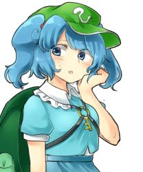 Rule 34 | 1girl, backpack, bad id, bad twitter id, bag, blue eyes, blue hair, blue shirt, blue skirt, blush, commentary request, green bag, green hat, hair bobbles, hair ornament, hand on own cheek, hand on own face, hand up, hat, highres, kawashiro nitori, key, parted lips, sasa kichi, shirt, short sleeves, skirt, solo, sweatdrop, touhou, twintails, two side up, upper body, wet, wing collar