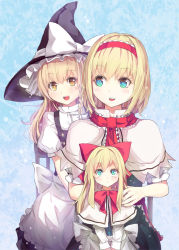 Rule 34 | 2girls, alice margatroid, apron, black dress, blonde hair, blue eyes, bow, capelet, culter, dress, hair bow, hat, hat bow, kirisame marisa, long sleeves, multiple girls, open mouth, puffy short sleeves, puffy sleeves, shanghai doll, short sleeves, smile, touhou, waist apron, witch hat, yellow eyes