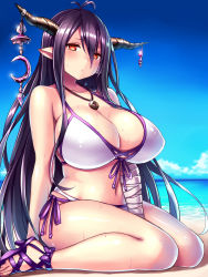 Rule 34 | 10s, 1girl, antenna hair, bandages, bandaged arm, bandages, beach, bikini, black hair, blue sky, breasts, cleavage, cloud, collarbone, danua, day, draph, female focus, front-tie bikini top, front-tie top, full body, glint, granblue fantasy, highres, horn ornament, horns, huge breasts, jewelry, knees together feet apart, large breasts, long hair, looking at viewer, navel, necklace, outdoors, pointy ears, red eyes, side-tie bikini bottom, sitting, sky, solo, strap gap, sweat, swimsuit, thighs, tsukumiya amane, wariza