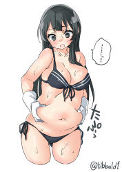 Rule 34 | 10s, 1girl, agano (kancolle), belly, black bra, black eyes, black hair, black panties, blush, bra, breasts, cleavage, cowboy shot, cropped legs, ebifurya, front-tie top, gloves, highres, kantai collection, long hair, medium breasts, navel, open mouth, panties, plump, side-tie panties, sidelocks, simple background, solo, sweat, twitter username, underwear, underwear only, weight conscious, white background, white gloves