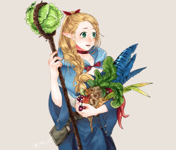 Rule 34 | 1girl, belt, blonde hair, blue dress, book, bow, braid, cabbage, choker, dress, dungeon meshi, food, fruit, grapes, green eyes, hair bow, highres, holding, holding food, holding staff, hood, hood down, long hair, mandrake, marcille donato, peppers, pointy ears, red bow, red choker, simple background, solo, staff, standing, wide sleeves