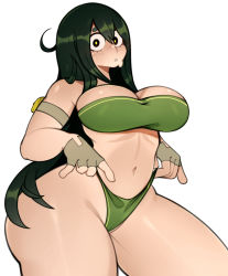 Rule 34 | 1girl, asui tsuyu, bandeau, bikini, boku no hero academia, breasts, curvy, eye contact, female focus, large breasts, long hair, looking at another, looking at viewer, melonpuff, panties, pussy, solo, standing, sweat, swimsuit, thick thighs, thighs, underwear, wide hips, workout clothes