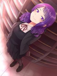 Rule 34 | 1girl, arms behind back, black jacket, black skirt, black sweater, blush, book, bow, buckle, collar, eyebrows hidden by hair, fisheye, from above, highres, holding, holding book, idolmaster, idolmaster shiny colors, indoors, jacket, library, loafers, pantyhose, purple eyes, purple hair, red bow, red neckwear, school uniform, shoes, skirt, smile, solo, standing, string tie, sweater, tanaka mamimi, tokufumi, white collar