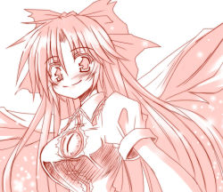 Rule 34 | 1girl, blush, bow, breasts, cape, female focus, hair bow, large breasts, long hair, monochrome, reiuji utsuho, simple background, smile, solo, third eye, touhou, upper body, white background, wings, yuuji (itadon)