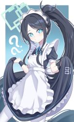 Rule 34 | 1girl, alternate costume, aoi ryo, apron, aris (blue archive), aris (maid) (blue archive), black hair, blue archive, blue background, blue eyes, enmaided, halo, highres, maid, maid apron, maid headdress, official alternate costume, official alternate hairstyle, pantyhose, simple background, solo, white background, white pantyhose