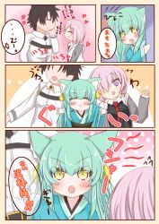 Rule 34 | 1boy, 2girls, :d, :o, anger vein, angry, animal ear fluff, animal ears, black dress, blue kimono, blush, cat ears, chaldea uniform, comic, commentary request, dress, fang, fate/grand order, fate (series), flying sweatdrops, fujimaru ritsuka (male), hair between eyes, hair over one eye, heart, highres, hood, hood down, hooded jacket, jacket, japanese clothes, kemonomimi mode, kimono, kiyohime (fate), long sleeves, mash kyrielight, multiple girls, obi, open clothes, open jacket, open mouth, pink hair, profile, purple eyes, red neckwear, ridy (ri sui), sash, sleeves past wrists, smile, spoken anger vein, translation request, uniform, v-shaped eyebrows, white jacket, wide sleeves, yellow eyes