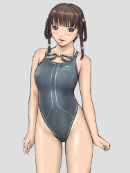 Rule 34 | 1girl, black eyes, braid, brown hair, competition swimsuit, dead or alive, game console, goggles, highleg, highleg swimsuit, kisaragi gunma, lei fang, non-web source, one-piece swimsuit, solo, swimsuit, tecmo, twin braids, xbox