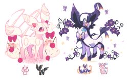 Rule 34 | ^ ^, alcremie, alcremie (strawberry sweet), alcremie (vanilla cream), blue eyes, brown eyes, bug, butterfly, charamells, cherry, closed eyes, creature, creatures (company), eye contact, closed eyes, flower, flying, food, fruit, full body, fusion, game freak, gen 2 pokemon, gen 6 pokemon, gen 7 pokemon, gen 8 pokemon, bug, legendary pokemon, looking at another, looking at viewer, lunala, multiple fusions, nintendo, no humans, pokemon, pokemon (creature), red ribbon, ribbon, simple background, standing, strawberry, sylveon, umbreon, white background