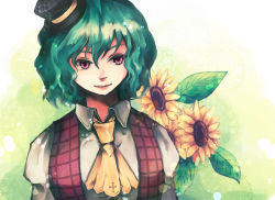 Rule 34 | 1girl, ascot, collared shirt, colored eyelashes, cross print, flower, green hair, hair between eyes, hat, kazami yuuka, light particles, lips, long sleeves, looking at viewer, mini hat, mini top hat, open clothes, open vest, patterned background, plaid, plaid vest, red eyes, red vest, semicolon, shirt, short hair, solo, top hat, touhou, vest, wavy hair, white shirt