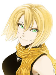 Rule 34 | 1girl, blonde hair, eyelashes, green eyes, jewelry, lips, looking at viewer, necklace, original, poaro, scarf, shirt, short hair, simple background, skull, skull necklace, sleeveless, sleeveless shirt, smile, solo, upper body, white background