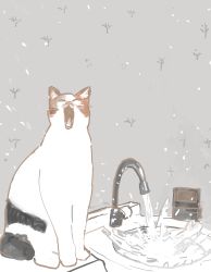 Rule 34 | :3, absurdres, animal focus, cat, closed eyes, faucet, full body, grey background, highres, indoors, no humans, open mouth, original, sattou, sink, sitting, sketch, splashing, water