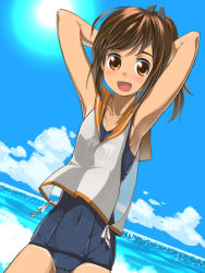 Rule 34 | 10s, 1girl, armpits, arms behind head, arms up, breasts, brown eyes, brown hair, cloud, day, dutch angle, i-401 (kancolle), kantai collection, navel, ocean, one-piece swimsuit, ponytail, school swimsuit, school uniform, serafuku, shiden (sashimi no wife), sideboob, sky, small breasts, smile, solo, swimsuit, swimsuit under clothes, water