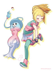 Rule 34 | 1girl, :t, blonde hair, blush, braid, clenched hand, closed eyes, closed mouth, collared shirt, commentary request, cosplay, creatures (company), dynamax band, full body, game freak, gen 8 pokemon, gloves, gym trainer (pokemon), gym trainer (pokemon) (cosplay), hatterene, highres, kinocopro, lillie (pokemon), long hair, nintendo, pantyhose, partially fingerless gloves, pokemon, pokemon (creature), pokemon sm, pokemon swsh, ponytail, shirt, shoes, short sleeves, shorts, single glove, twitter username, watermark