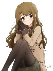 Rule 34 | 1girl, absurdres, black gloves, black pantyhose, blush, breasts, brown coat, brown eyes, brown hair, closed mouth, coat, dot nose, gloves, green skirt, hands up, highres, idolmaster, idolmaster million live!, idolmaster million live! theater days, knees up, long hair, looking at viewer, medium breasts, miyao miya, nnnn, own hands together, pantyhose, signature, simple background, sitting, skirt, smile, solo, thick eyebrows, white background