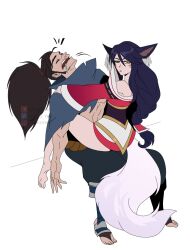 Rule 34 | 1boy, 1girl, ahri (league of legends), animal ears, annoyed, artist name, bare shoulders, beard, black hair, black pants, brown hair, facial hair, fox ears, fox girl, fox tail, from behind, heart, highres, invisible chair, kitsune, korean clothes, kyuubi, league of legends, long hair, long sleeves, looking at viewer, multiple tails, odeko yma, on lap, open mouth, pants, ponytail, saliva, simple background, sitting, sleeping, tail, watermark, white background, yasuo (league of legends)